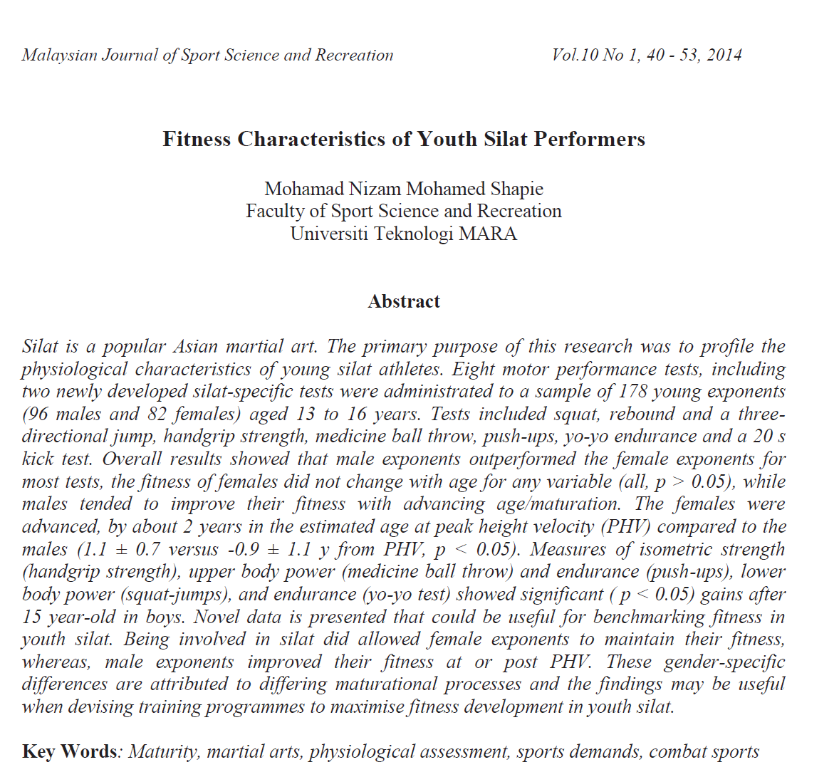 Smart Silat: Understanding Fitness Characteristics of Youth Silat Performers